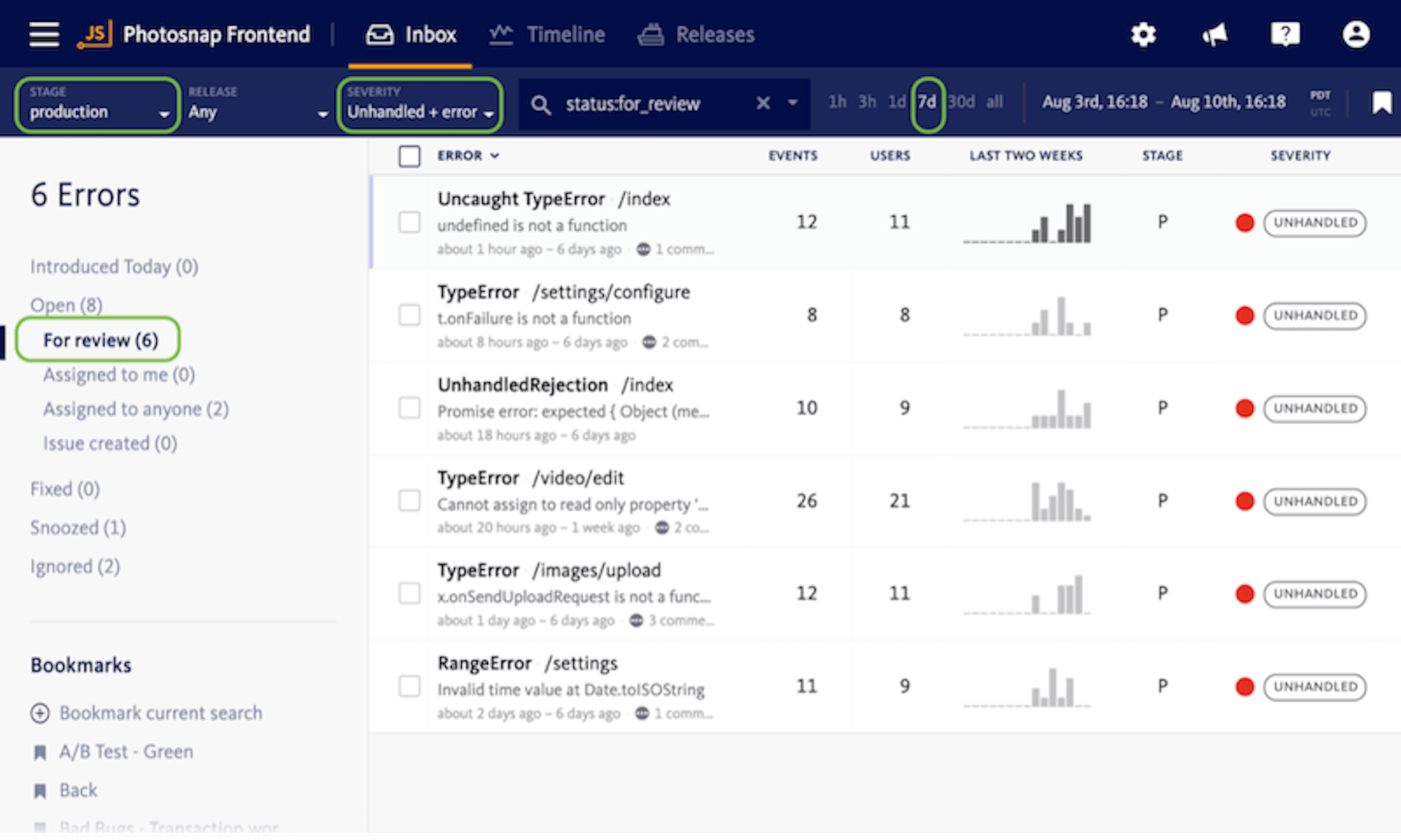 Bugsnag makes it easy to filter bugs by several criteria.Source: Bugsnag