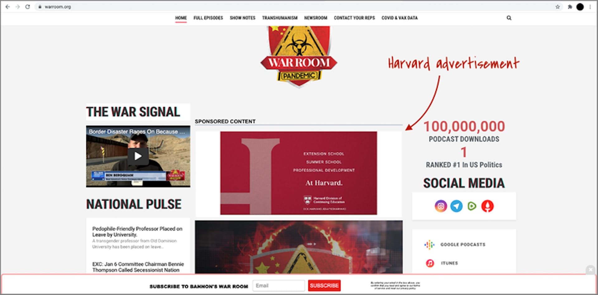 An advertisement for the Harvard Division of Continuing Education seen on warroom.org.