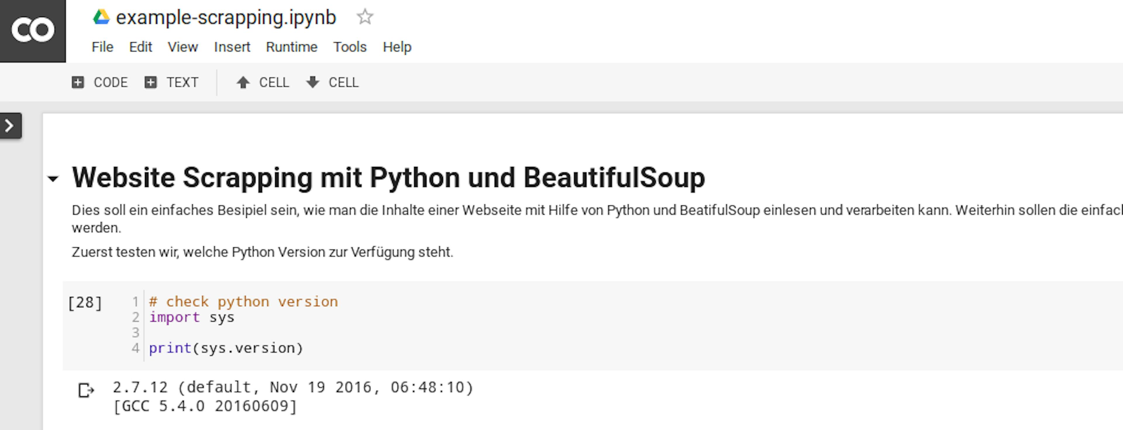 Colaboratory — Google — Research at Google — am Beispiel Webscraping mit Python