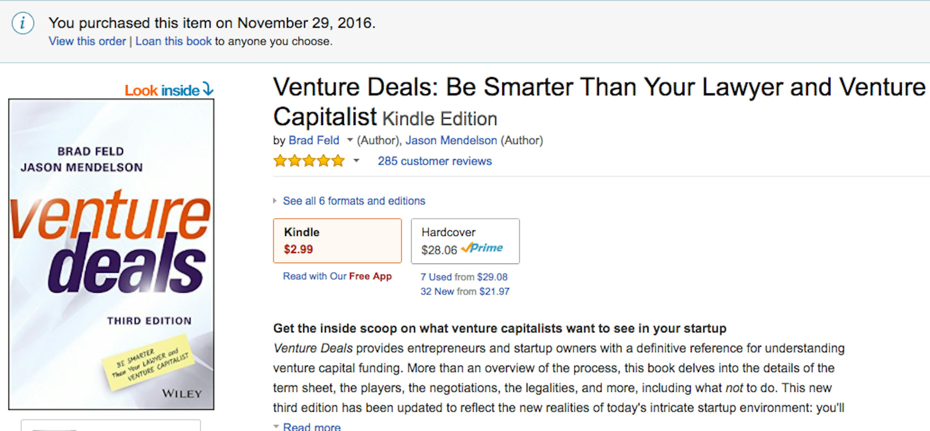 featured image - Venture Deals 3rd Edition Available via Kindle Matchbook