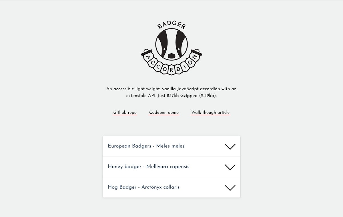 featured image - Badger Accordion — An accessible light weight, vanilla JavaScript accordion with an extensible API