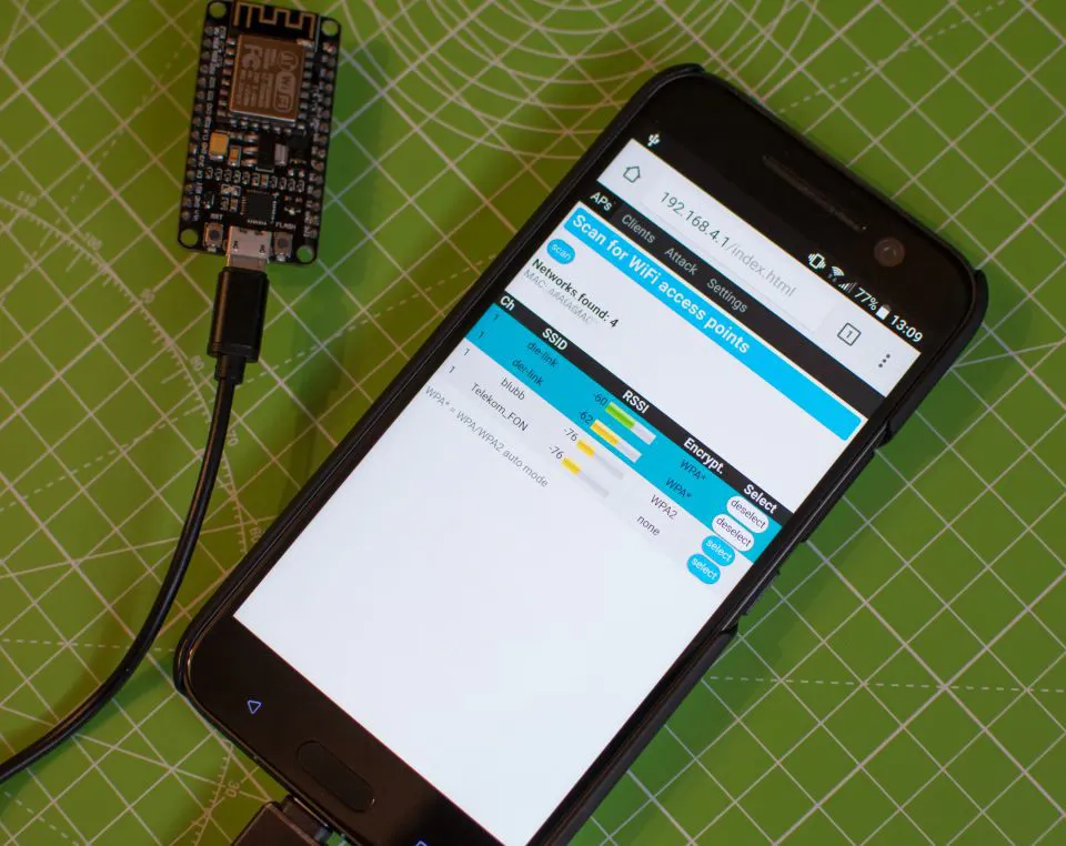 Deauthentication attack and other ‘wifi hacks’ using an ESP8266 module.