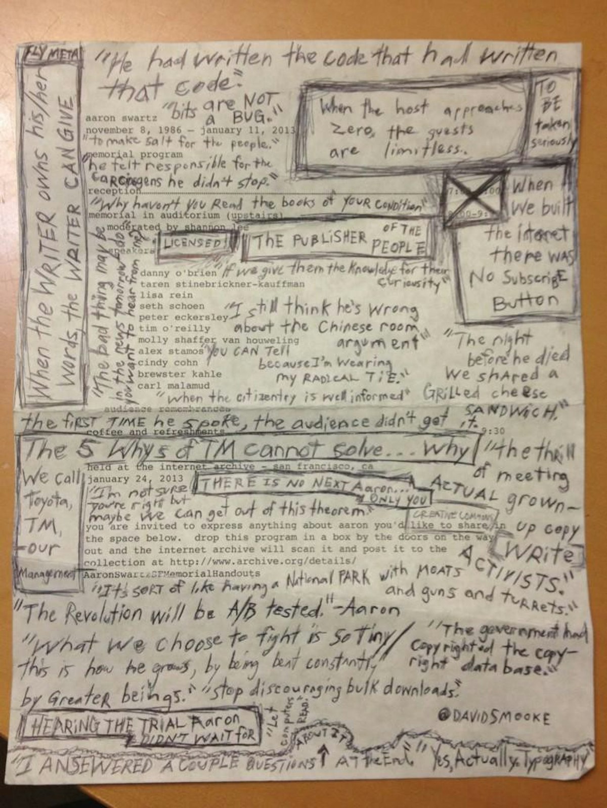 featured image - Handwritten Notes from Aaron Schwartz Memorial Service at the Internet Archive in San Francisco