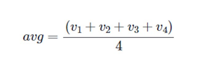 Equation: average equals the sum of the values (v1, v2, v3, v4), divided by four