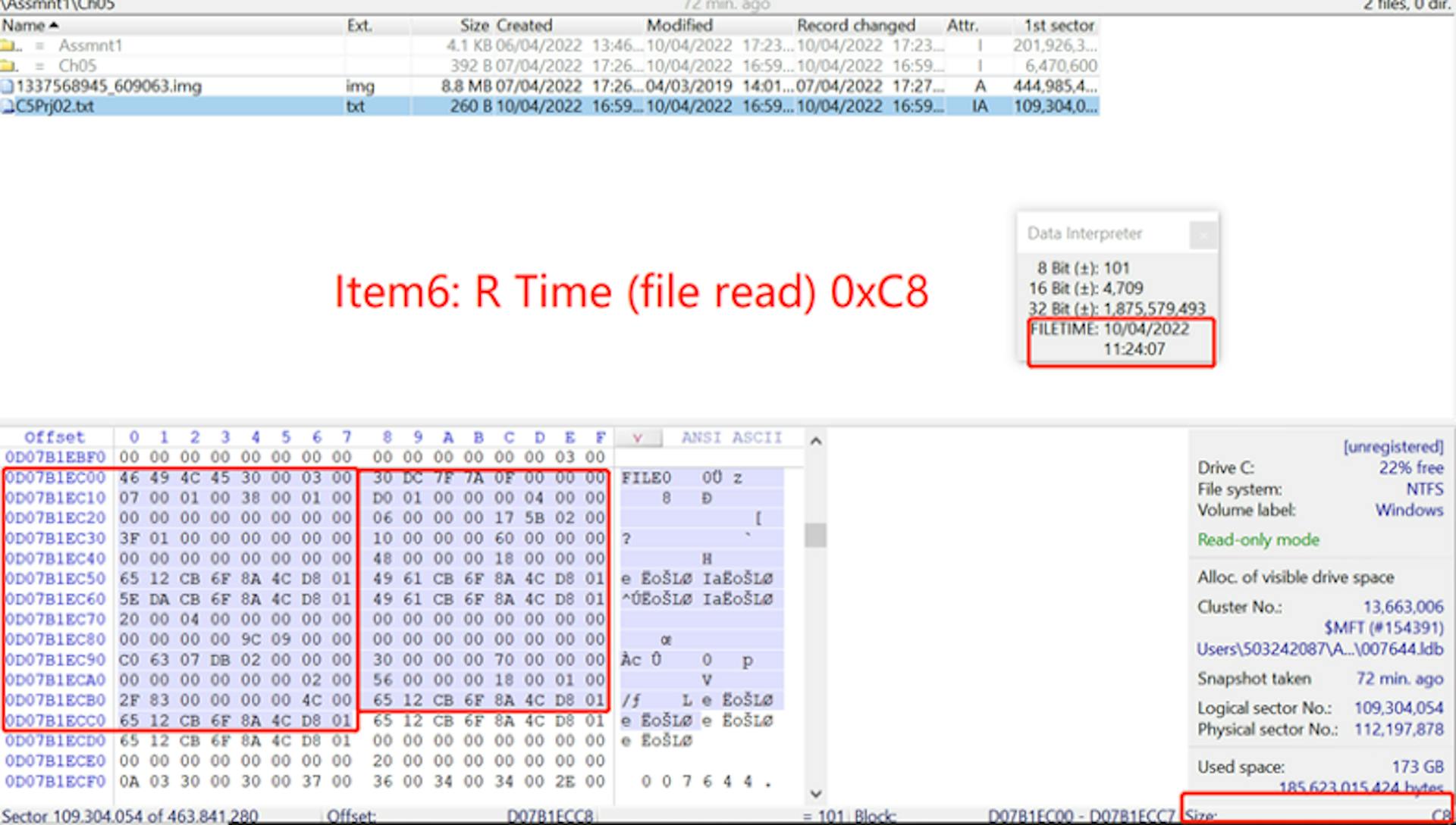 Figure14. To analyse and identify the offset value 0xC8 from text file’s MFT record.