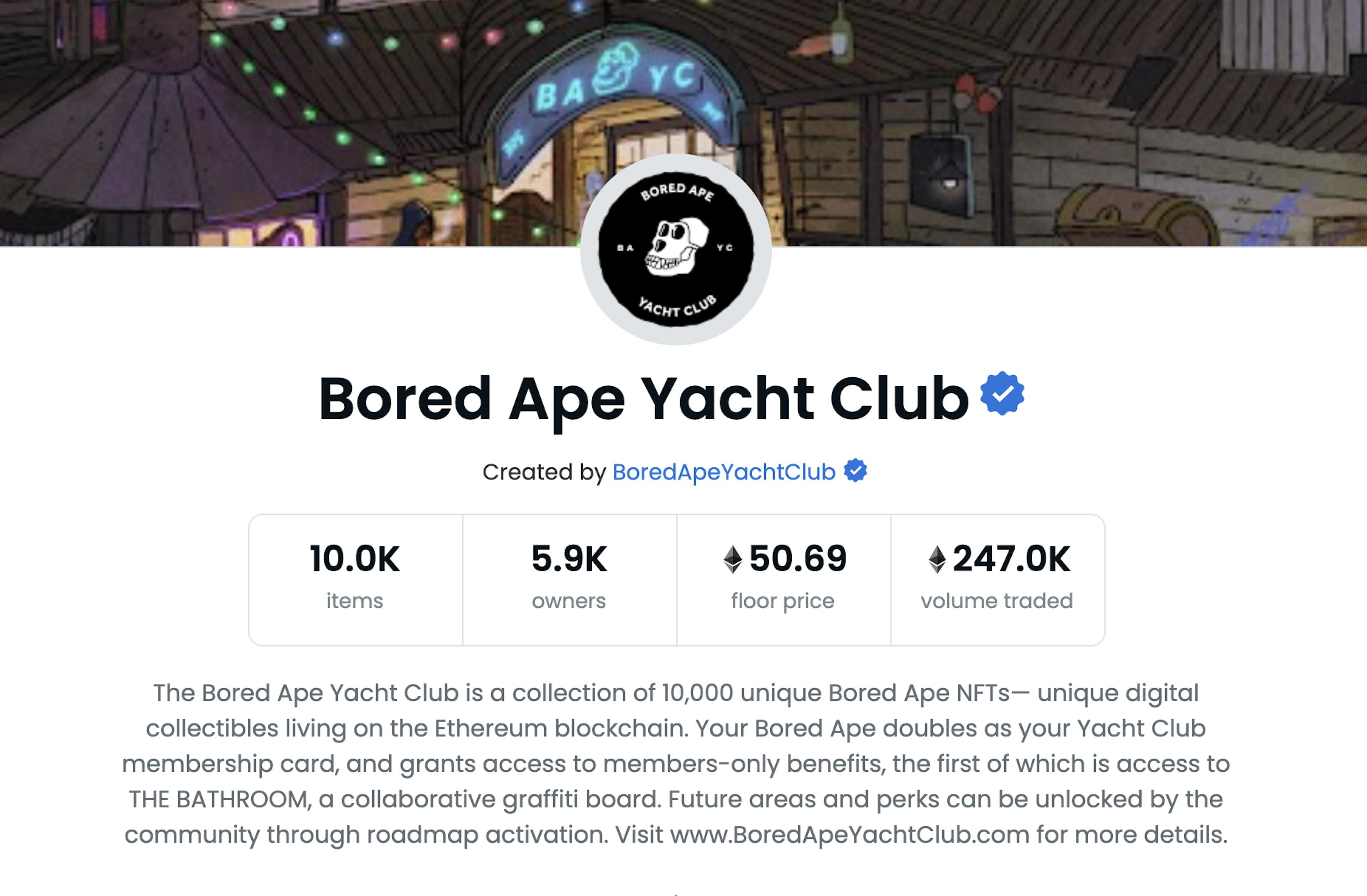 The official page of the Bored Ape Yacht Club project on Open Sea