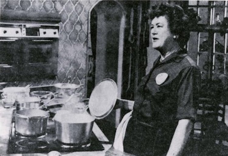 Julia Child gives the KUHT audience a cooking demonstration. Credit KUHT
