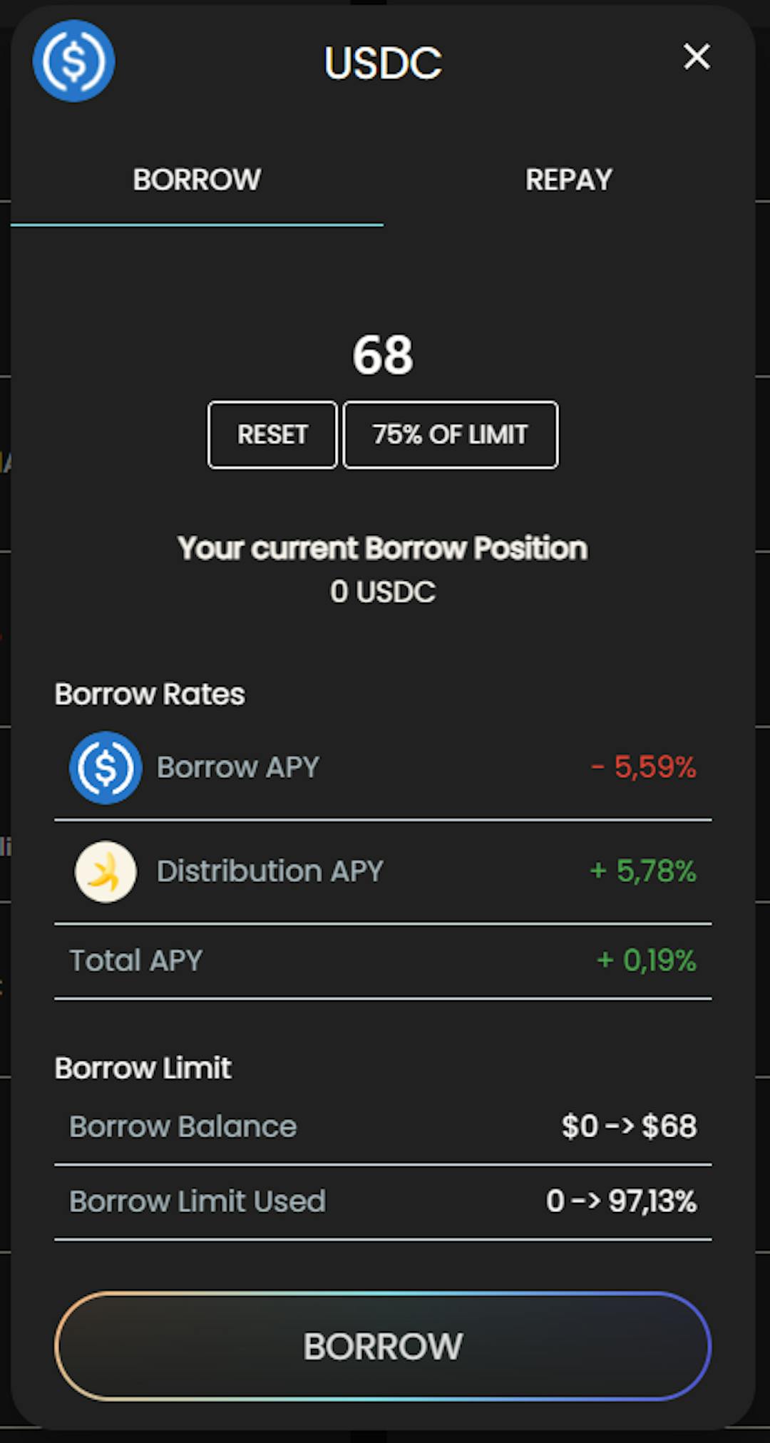 Borrow 68 USDC form