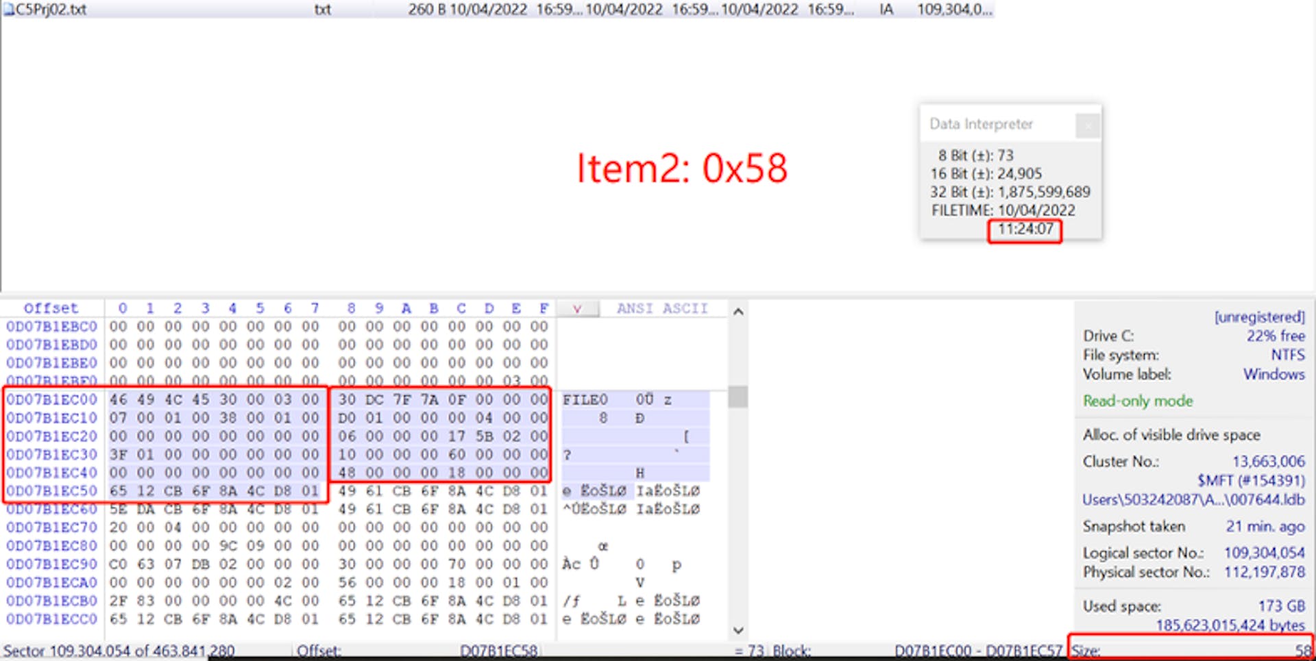 Figure10. To analyse and identify the offset value 0x58 from text file’s MFT record.