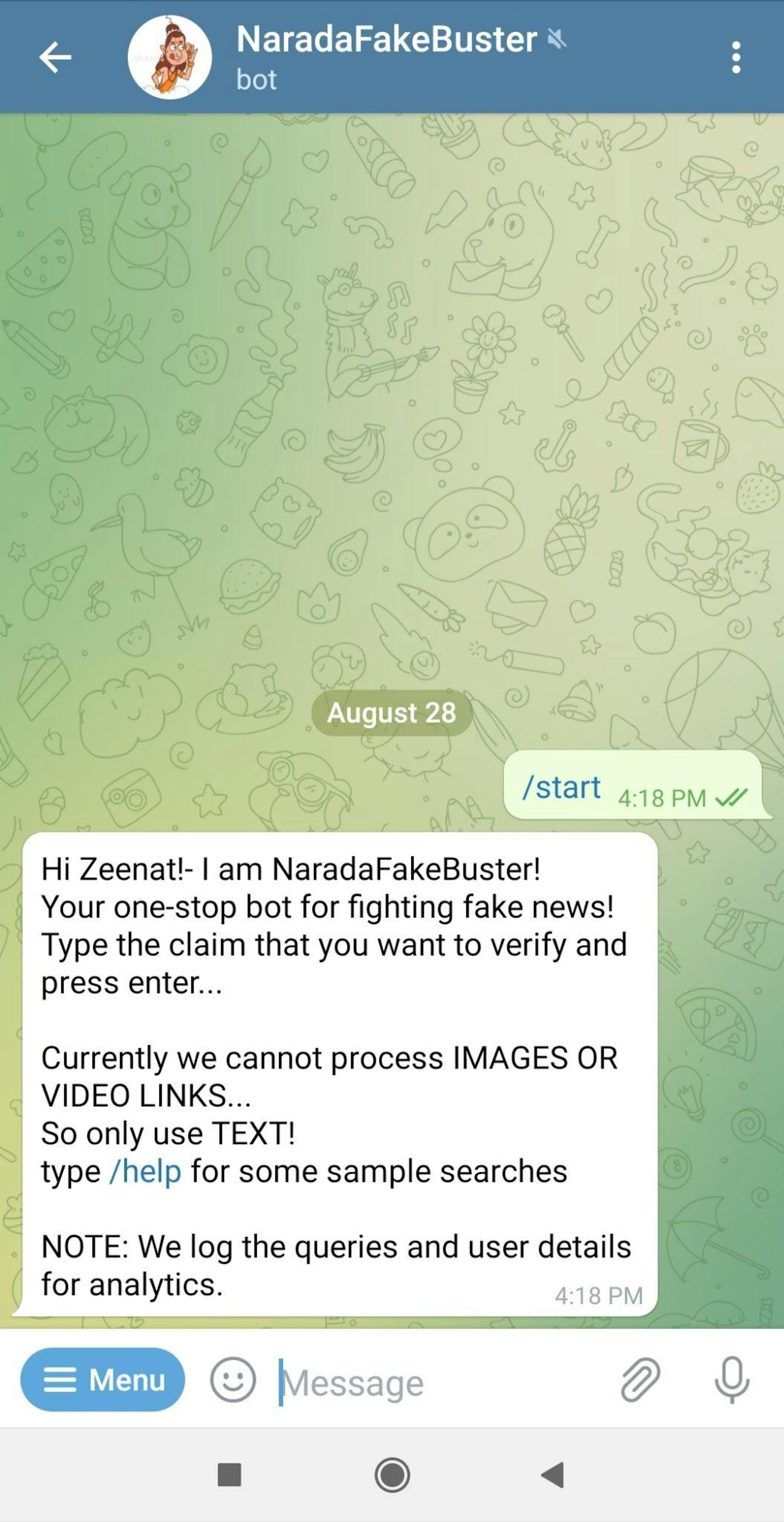 Snapshot of Telegram bot