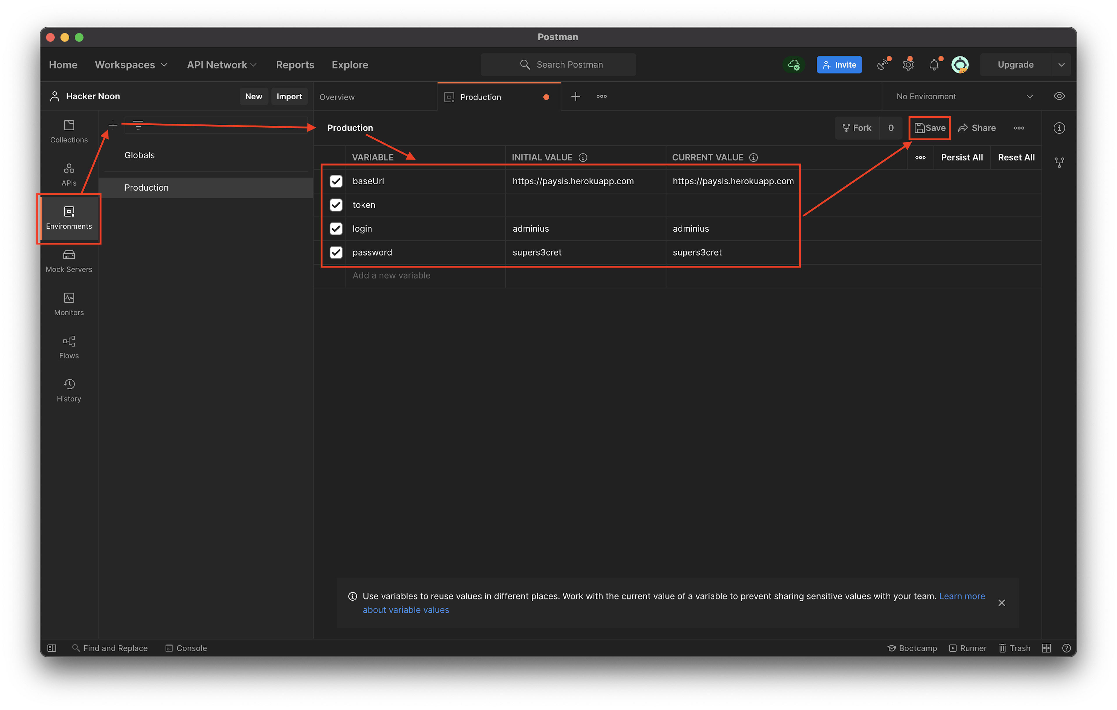 Environment creation in Postman