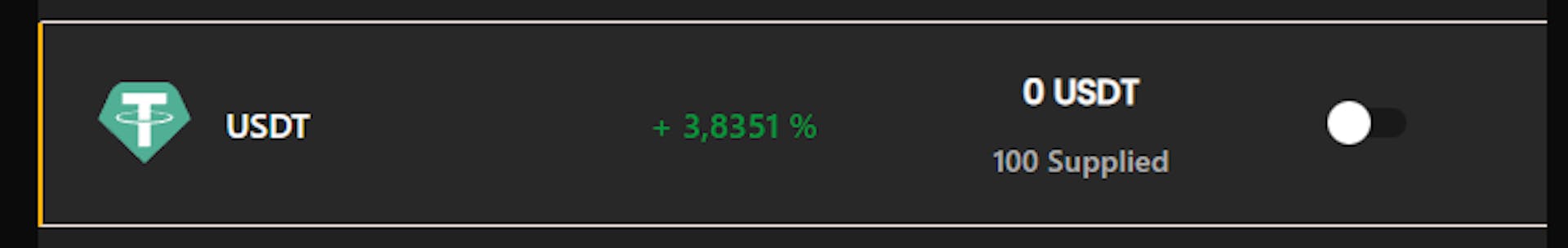 USDT market row with the amount deposited