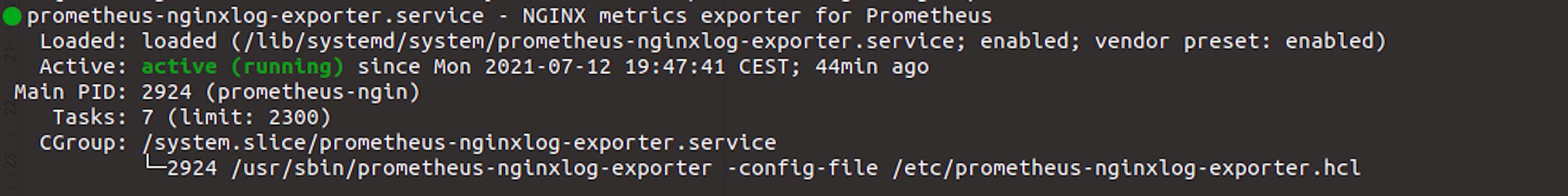 output of "systemctl status prometheus-nginxlog-exporter"