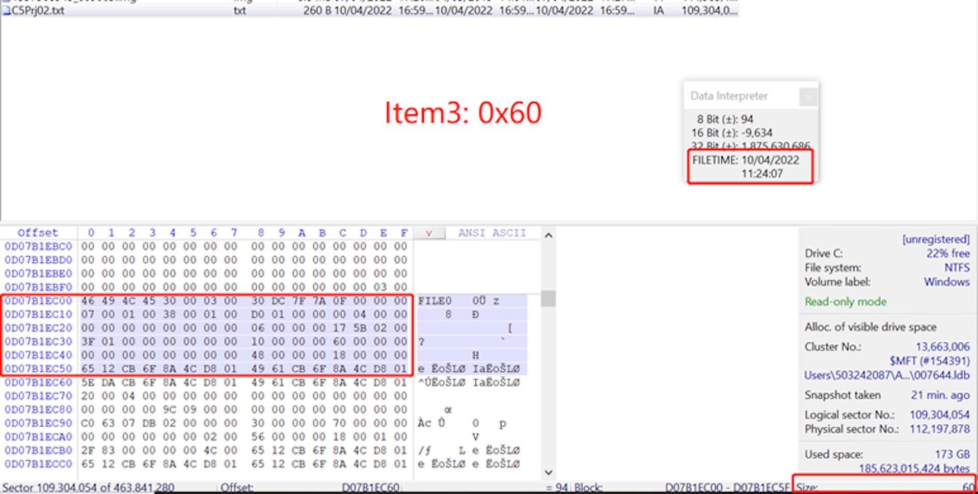 Figure11. To analyse and identify the offset value 0x60 from text file’s MFT record.