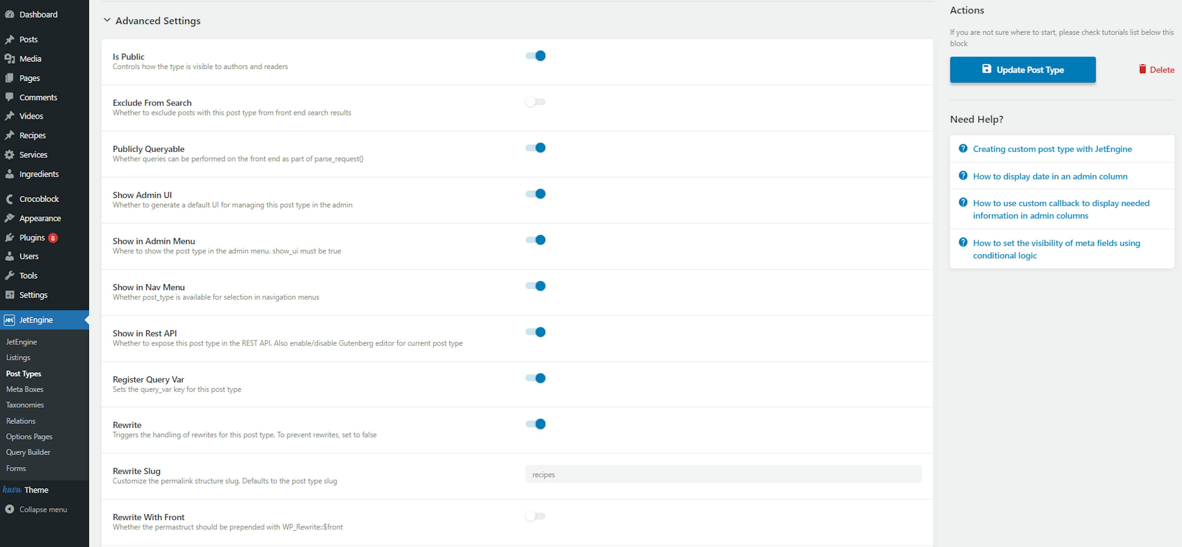 JetEngine Custom Post Types advanced settings