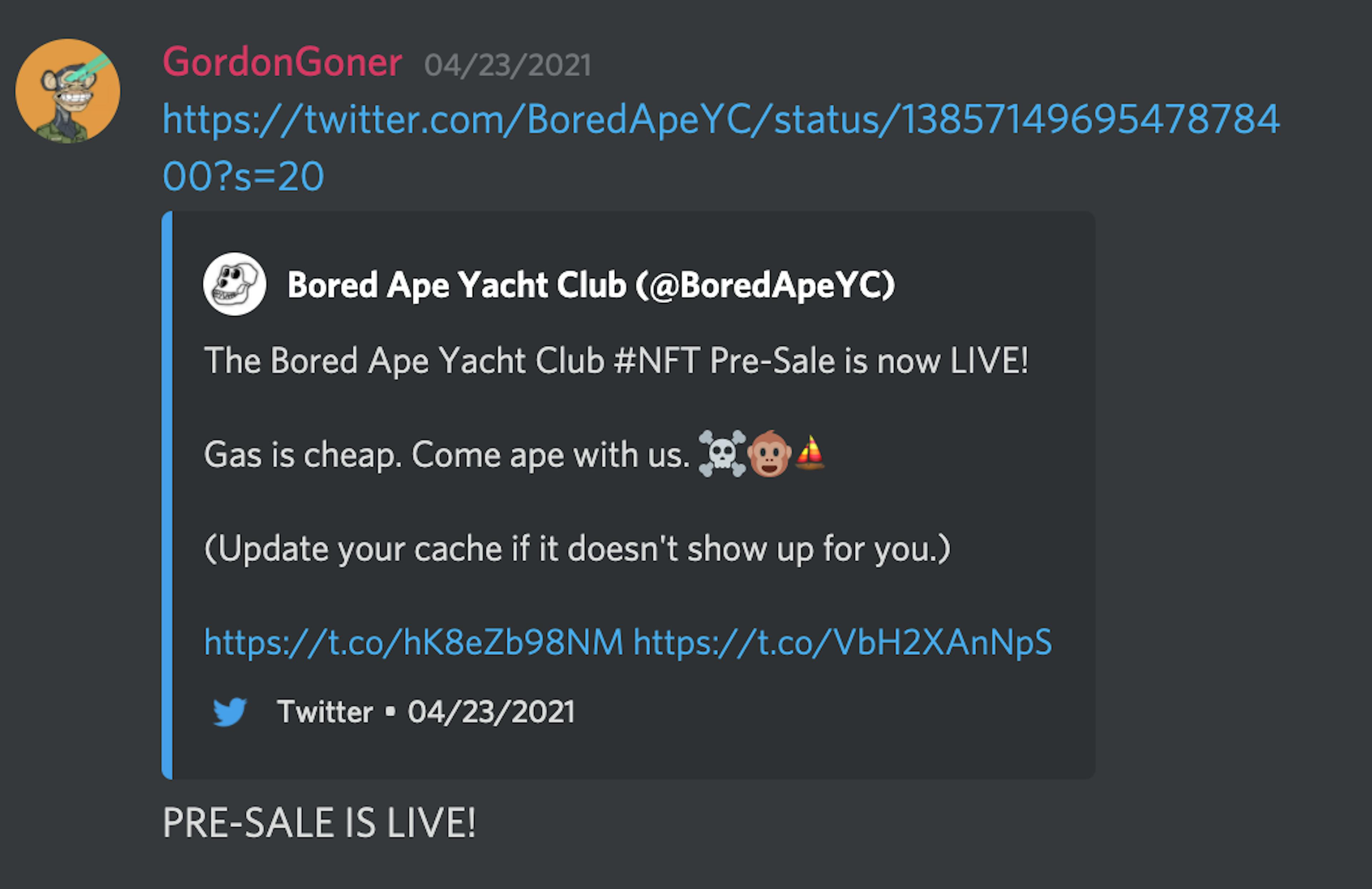 Gordon Goner, one of the founders of Bored Ape Yacht Club announcing the Pre-Sale
