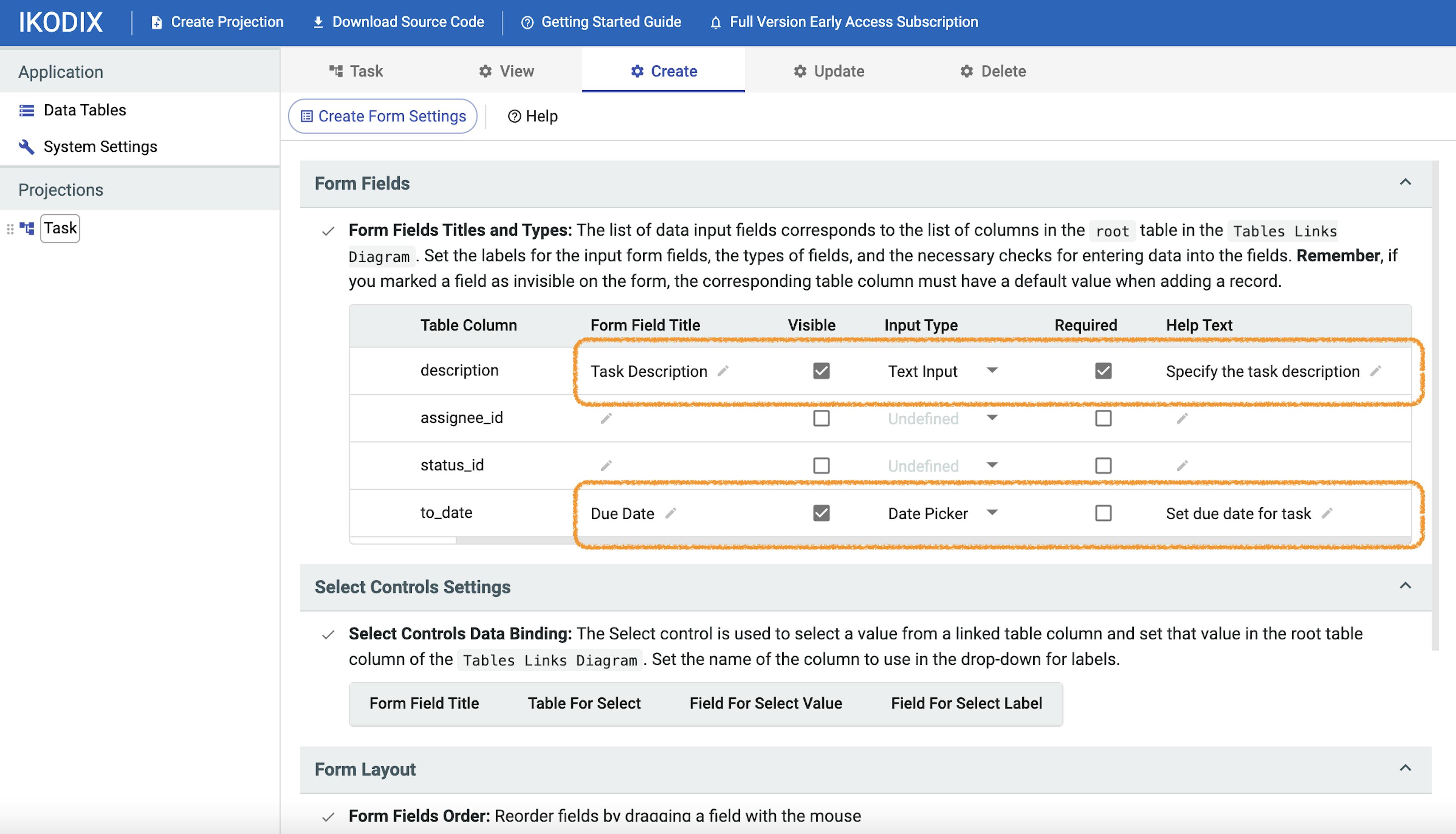 Create Form for the task table