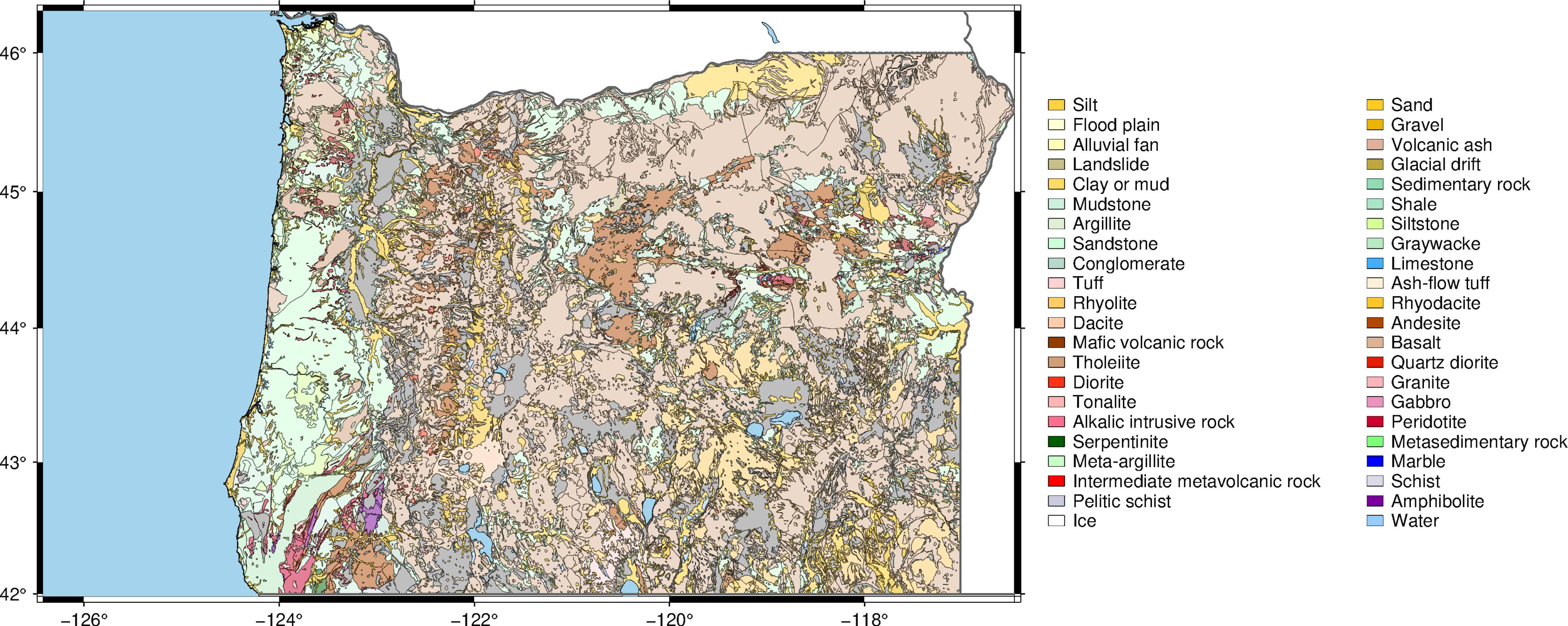 Source data: Walker, G.W. and MacLeod, N.S., 1991, Geologic map of Oregon: U.S. Geological Survey, scale 1:500,000