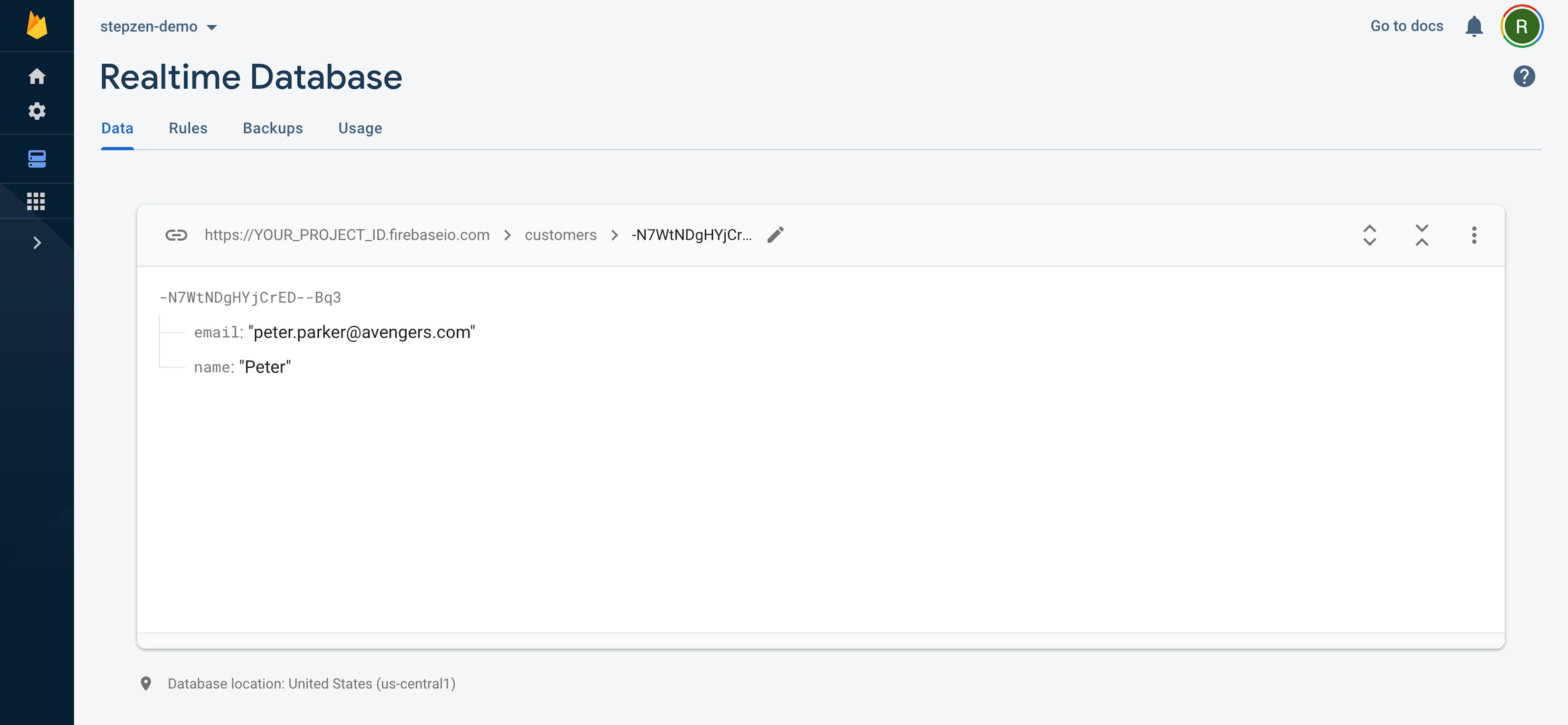 Firebase console with inserted data