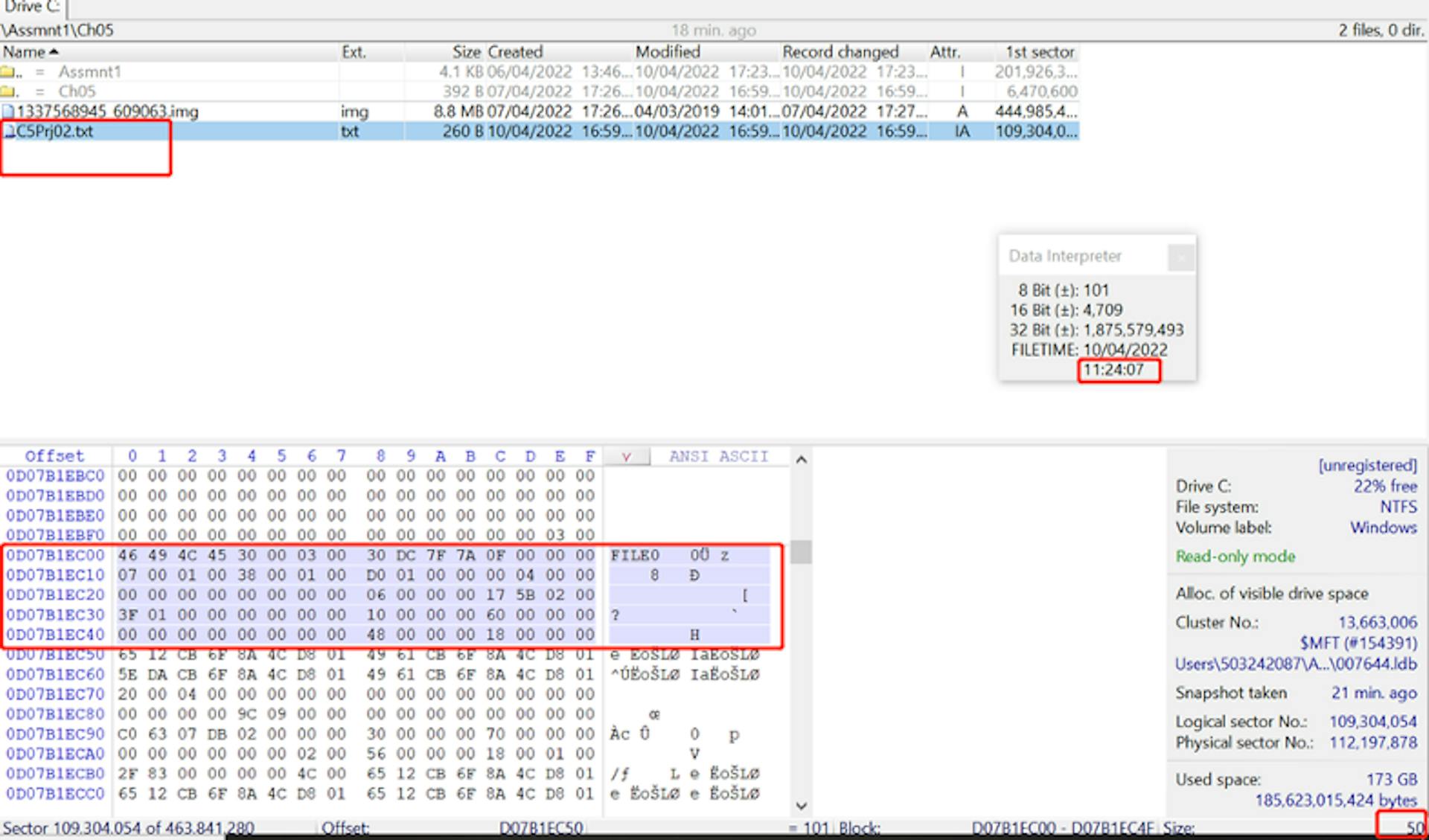 Figure9. To analyse and identify the offset value 0x50 from text file’s MFT record.