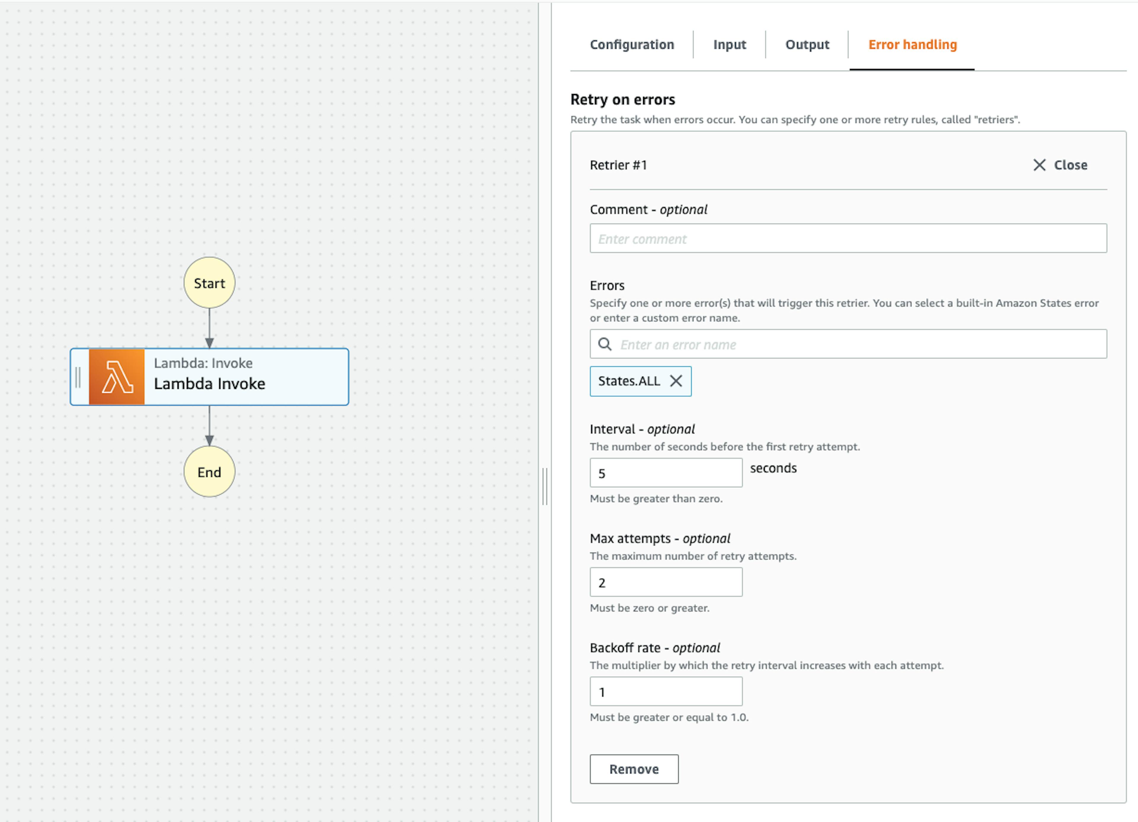 Lambda Invoke > Error handling > Retry on errors