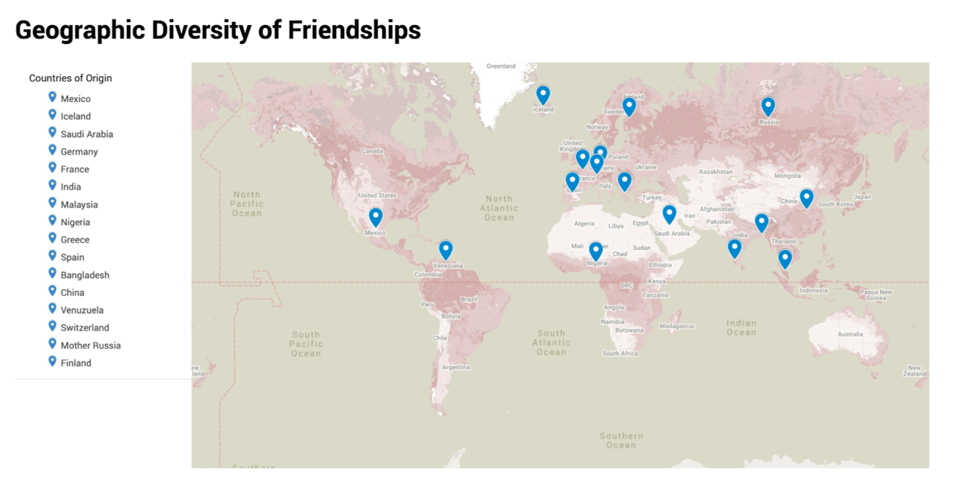 Diversity of friendships prepared through Google My Maps