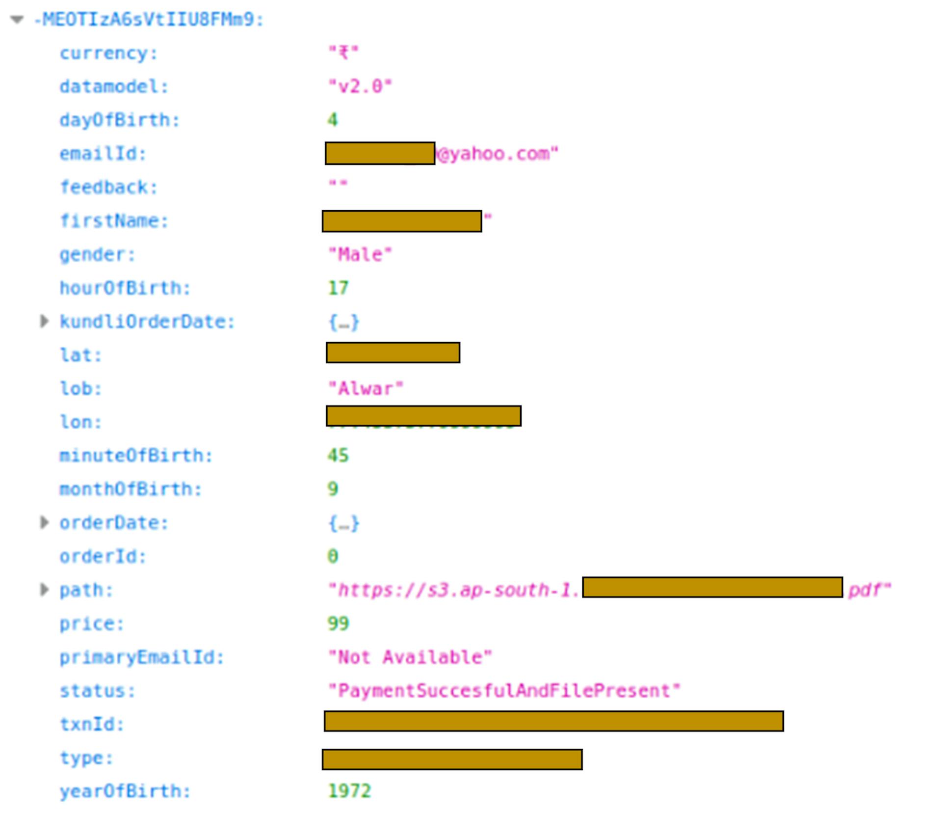 Figure 3 – User location, email and personal file shared on Astro Guru.