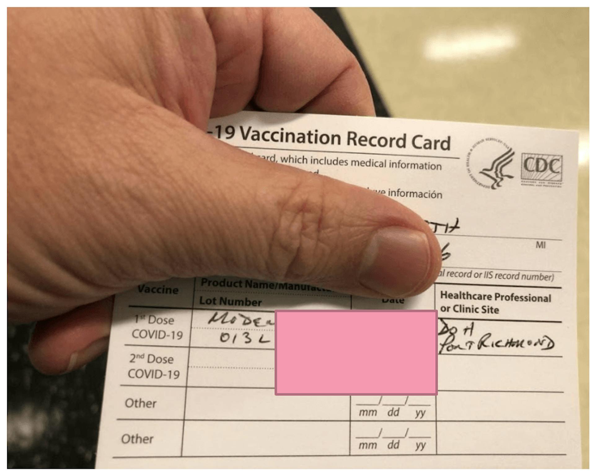 A fake vaccination record from the “CDC- Centers for Disease control and prevention” – part of the U.S. Government’s Department of Health & Human Services.