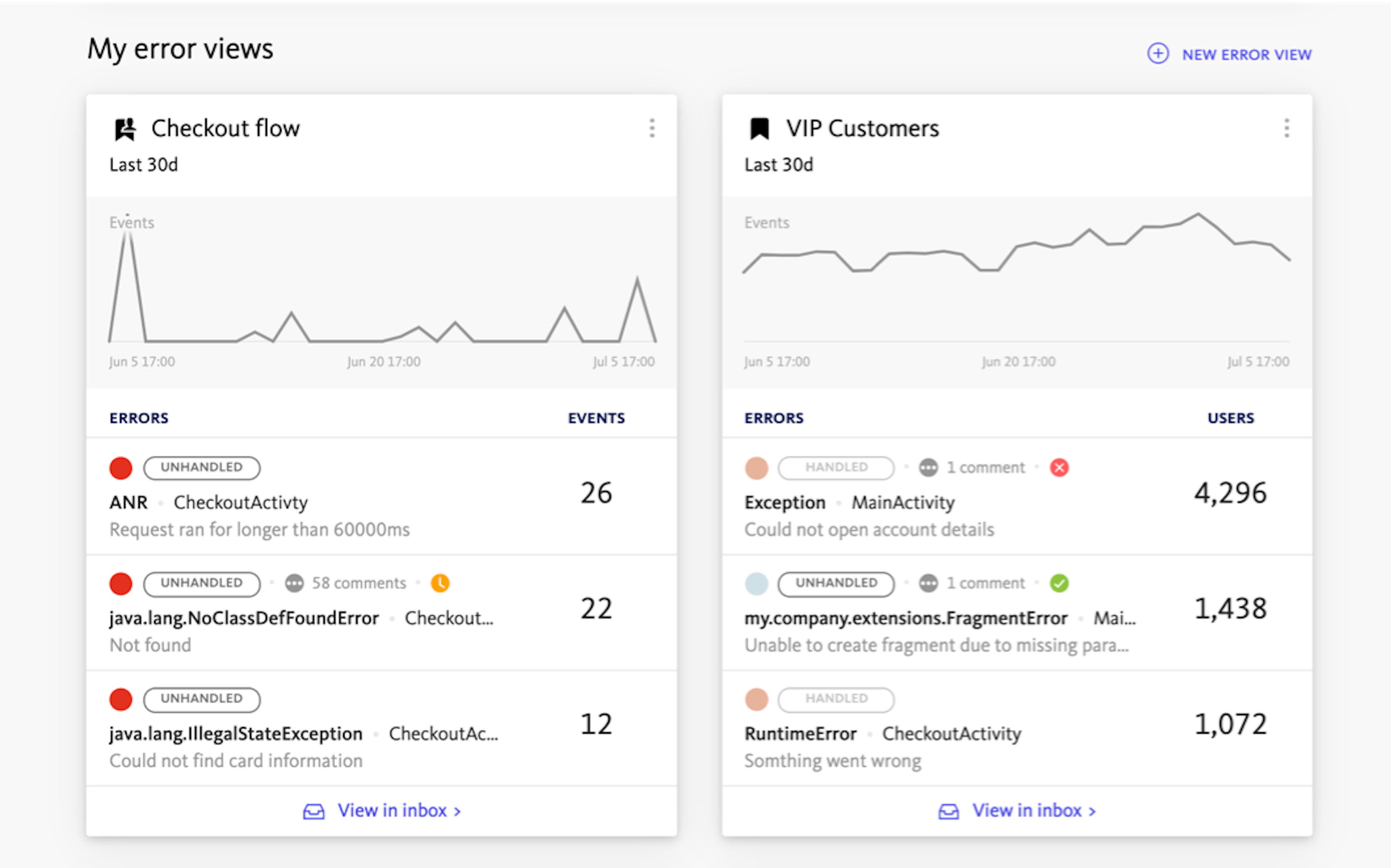 Figure 2: Bugsnag lets you measure priority by events, users, or other metrics. Source: Bugsnag