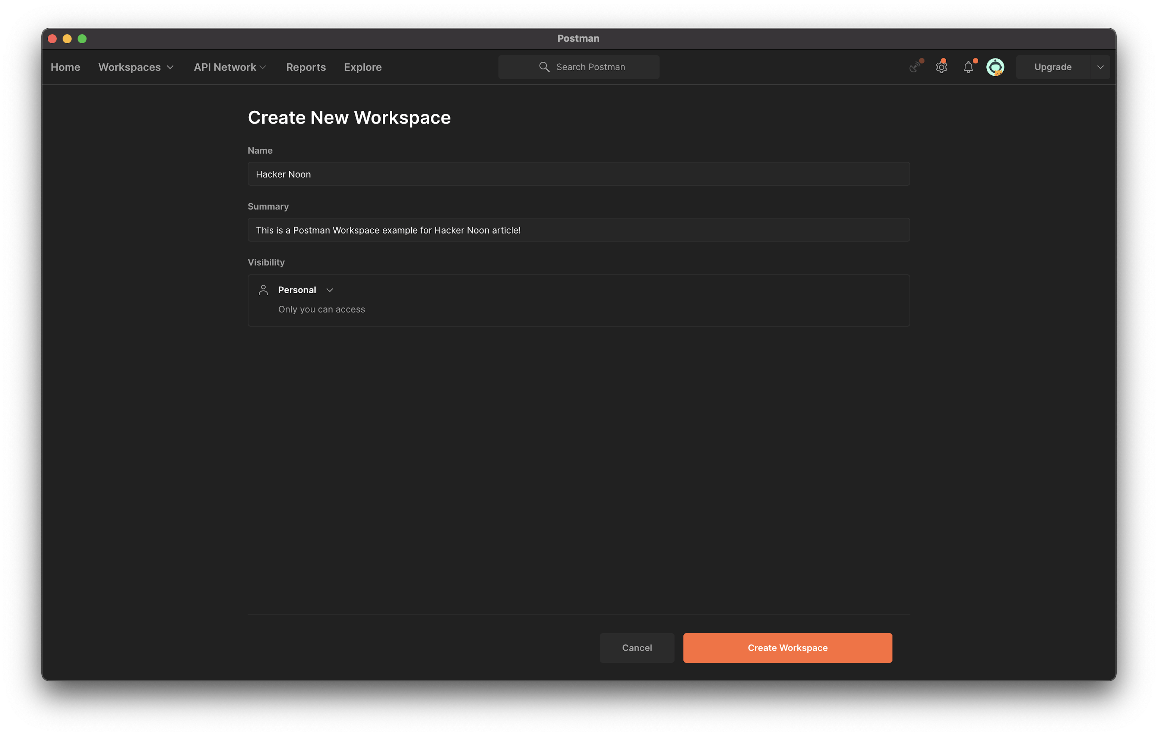 Creation of a new Workspace in Postman