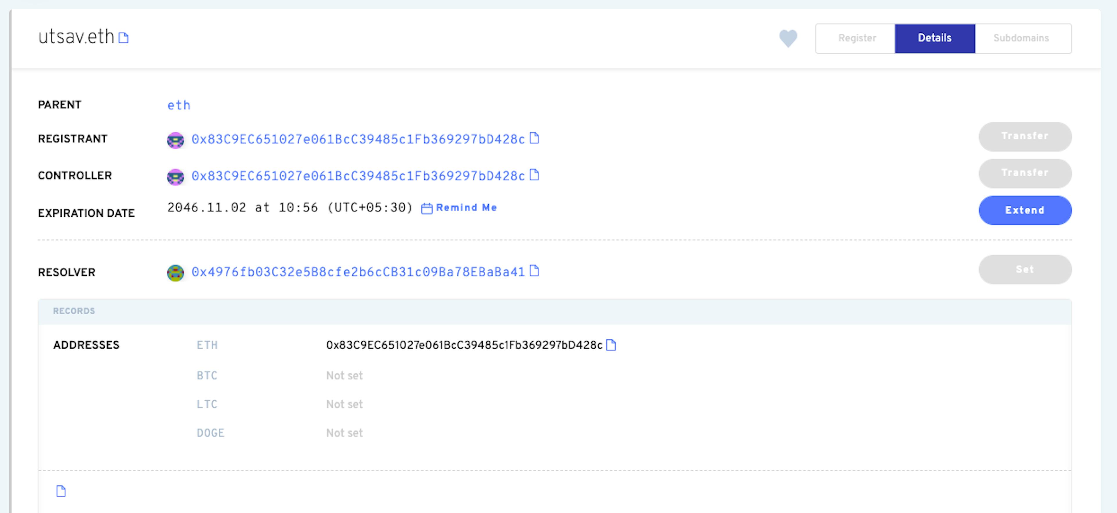 Link: https://app.ens.domains/name/utsav.eth/details