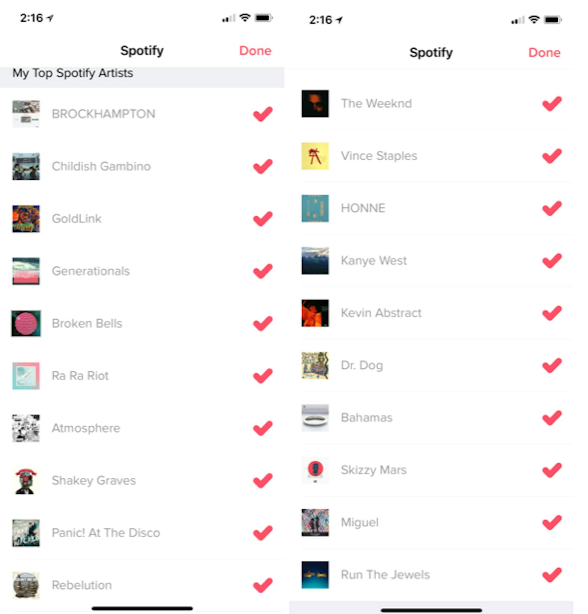 Screenshot of my Top Spotify Artists screen in the Tinder iOS app.