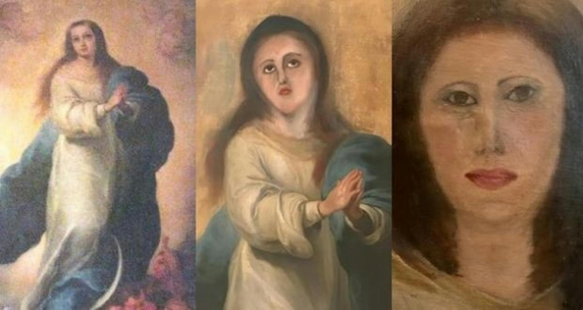 Bartolomé Esteban Murillo’s original Immaculate Conception (left) and two attempts at restoring it (right) Photo: Europa Press 2020/Wikimedia Commons