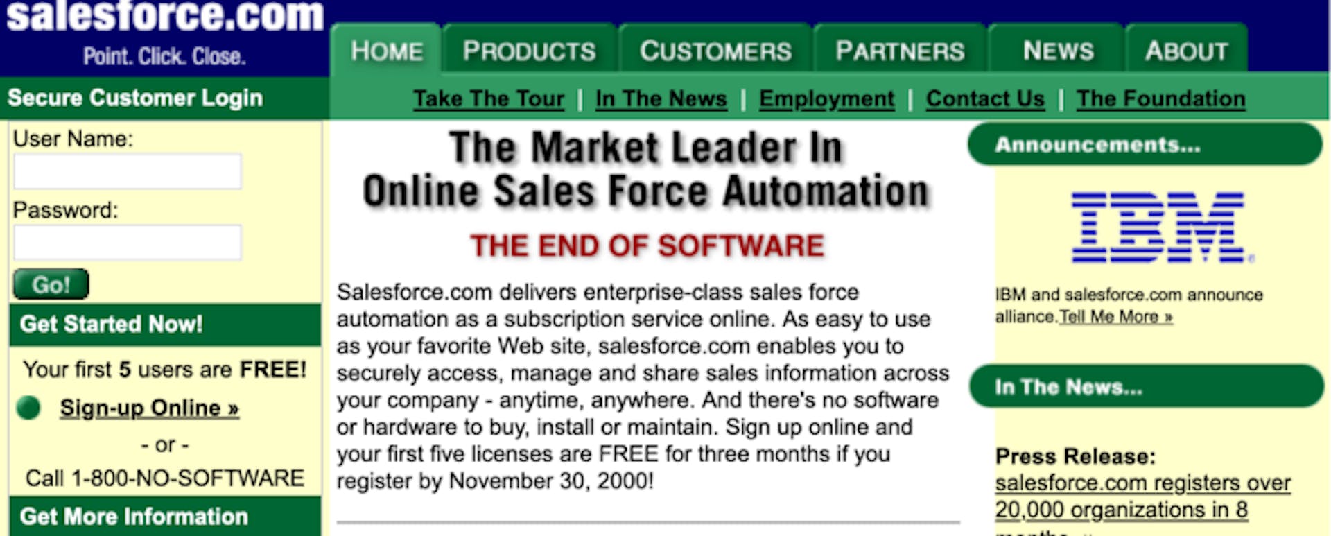 salesforce.com from April 7, 2000 accessed via the Wayback Machine (https://web.archive.org/)