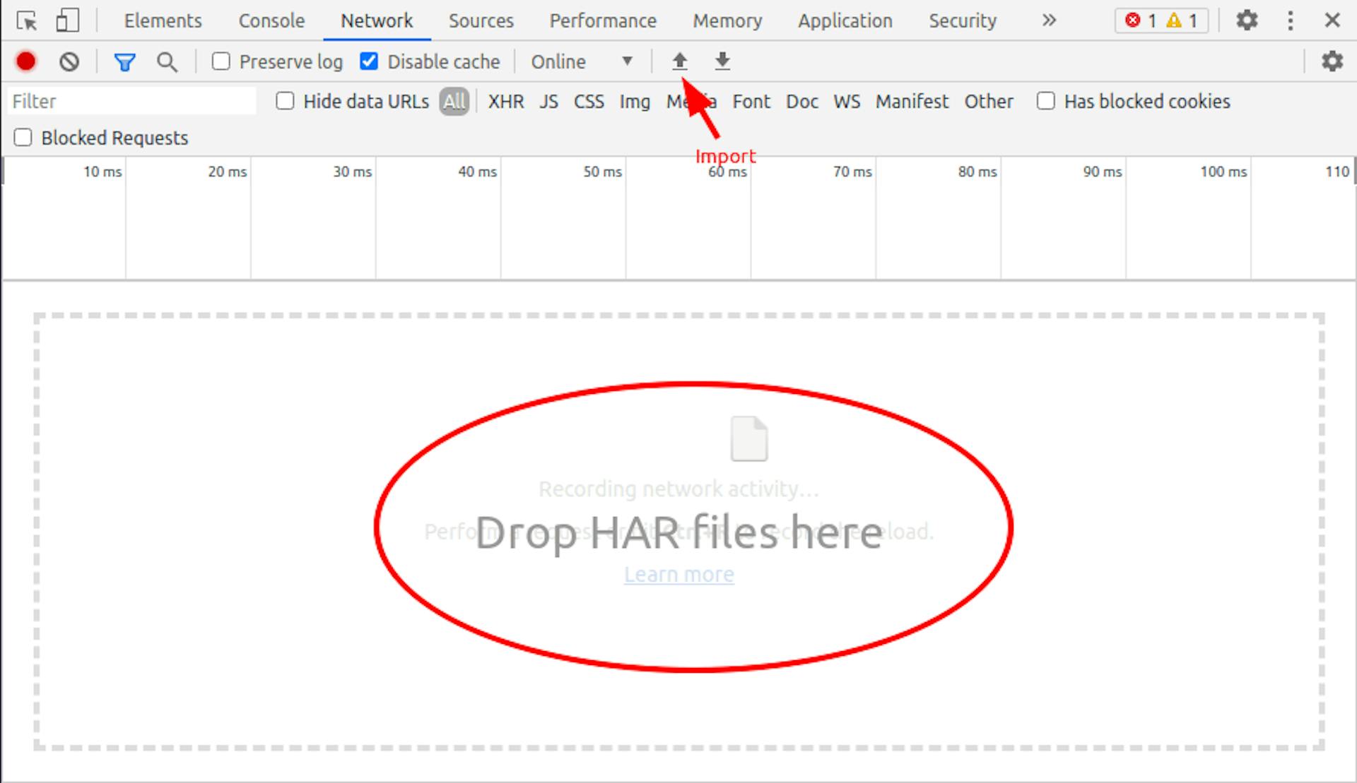 Using Chrome DevTools, open the Network tab and click on the import button or drag&drop the HAR file