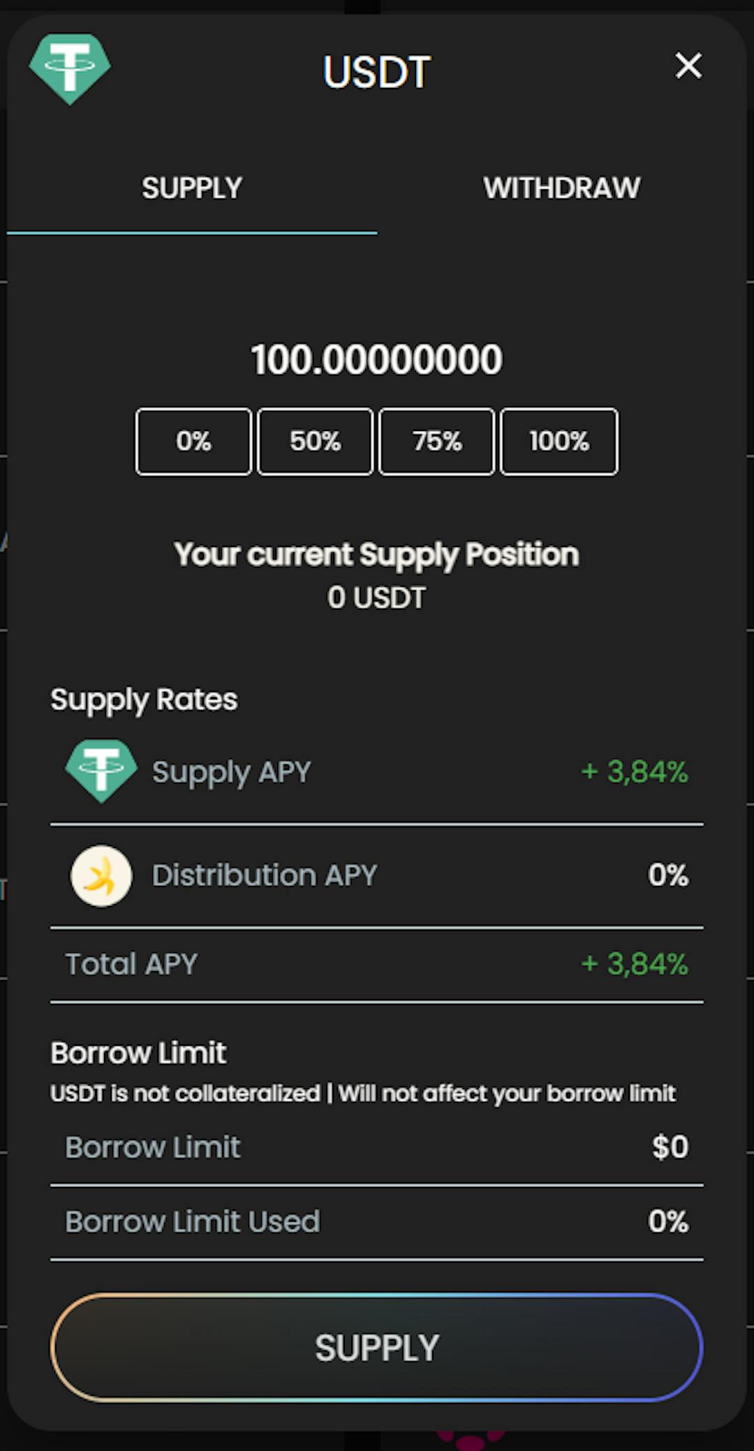 Deposit window in ApeSwap Lending