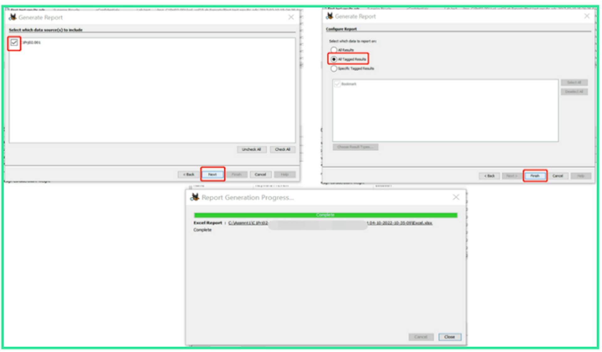 Figure 12. To generate an Excel report by choosing All Tagged results.