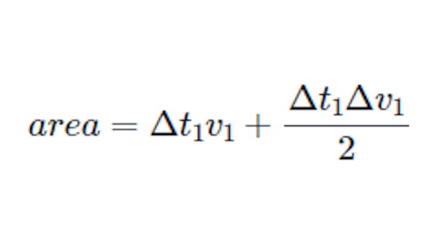 Equation: area equals delta t1 times v1 plus delta t1 times delta v1 divided by two