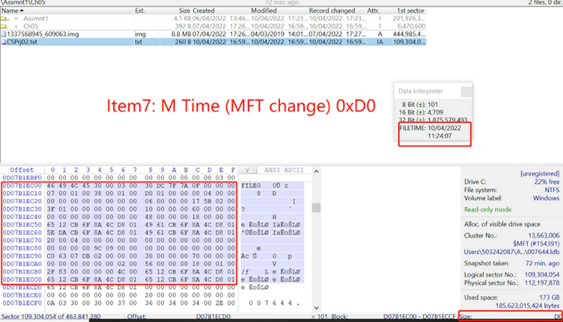 Figure15. To analyse and identify the offset value 0xD0 from text file’s MFT record.