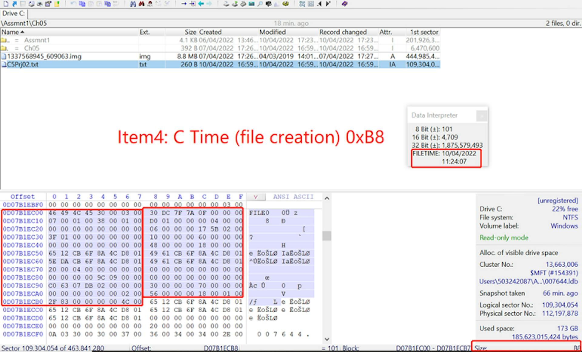 Figure12. To analyse and identify the offset value 0xB8 from text file’s MFT record.