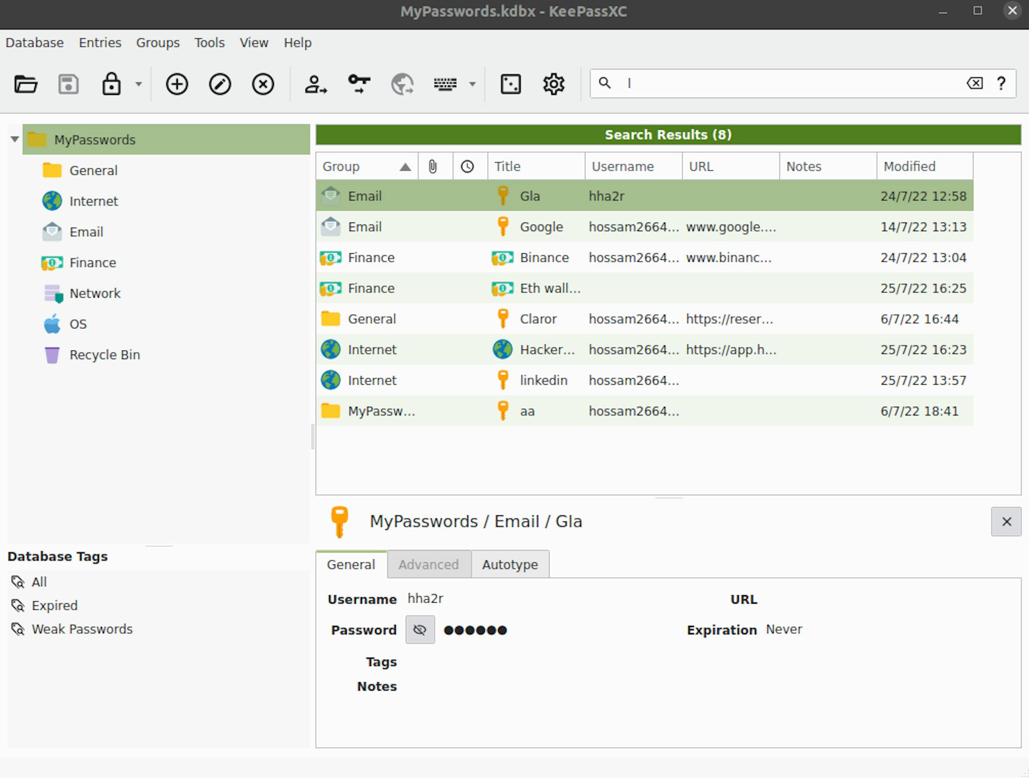 A screenshot of my database taken from keepassXC