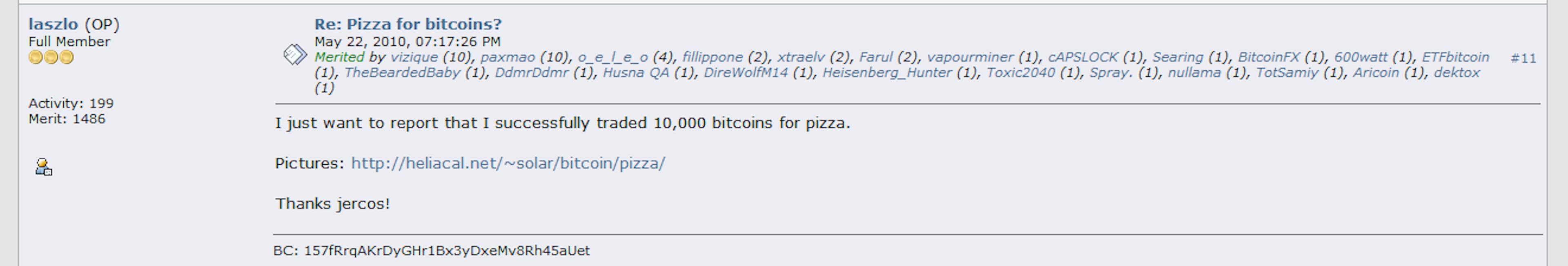 Laszlo Hanyecz (absolute legend) paid for two pizzas with 10,000 bitcoins. 
