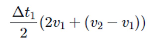 Equation: delta t1 divided by two times 2v1 plus the difference between v2 and v1