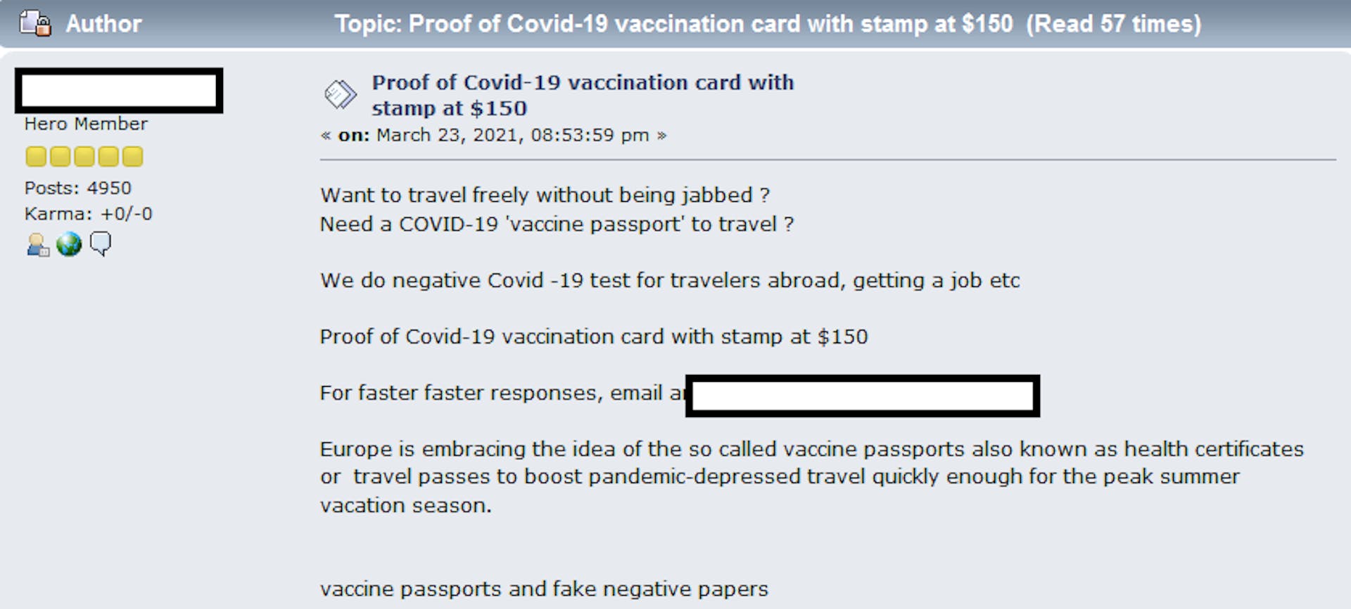 Selling COVID-19 vaccination cards and negative test papers