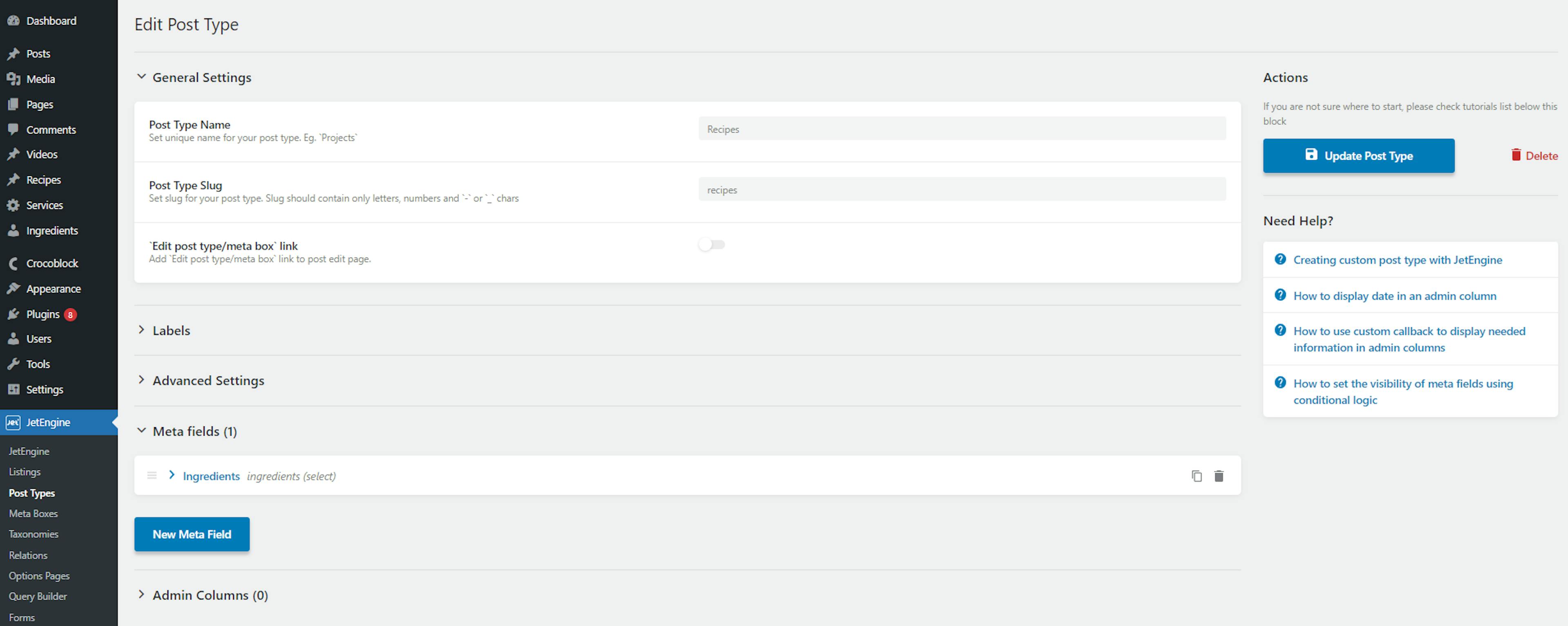 JetEngine CPTs dashboard