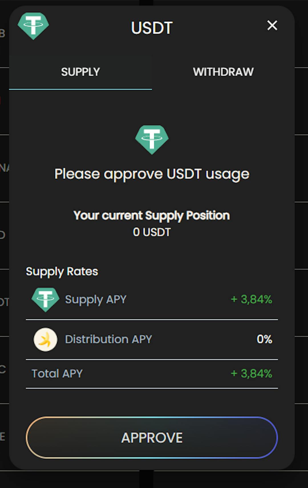 Window to approve access to USDT Token.