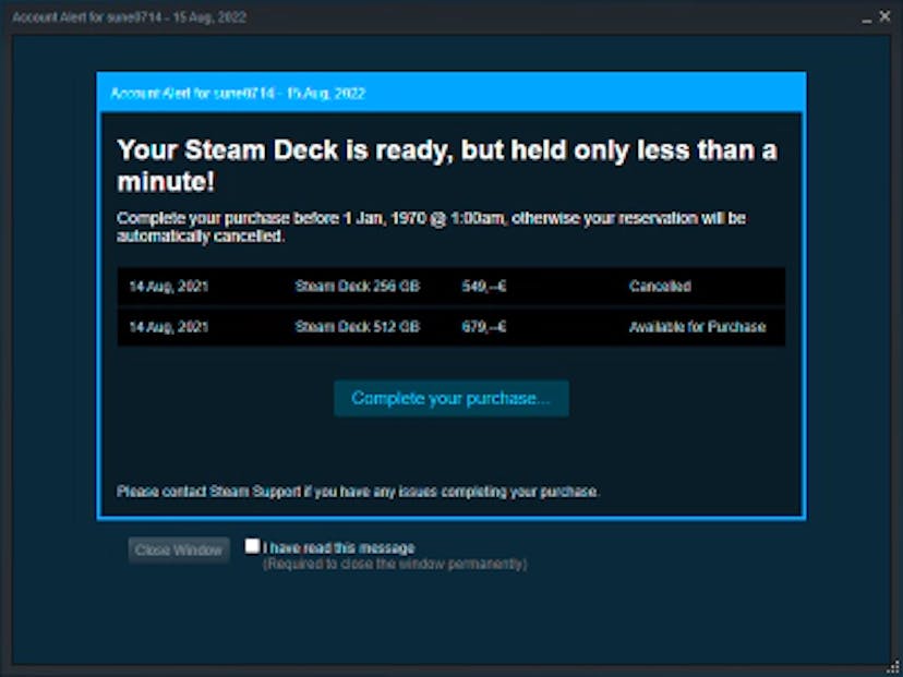 When the Steam Deck inspired a purchasing frenzy, many users complained they got inaccurate notifications, like this classic epoch failure for a user in the UK