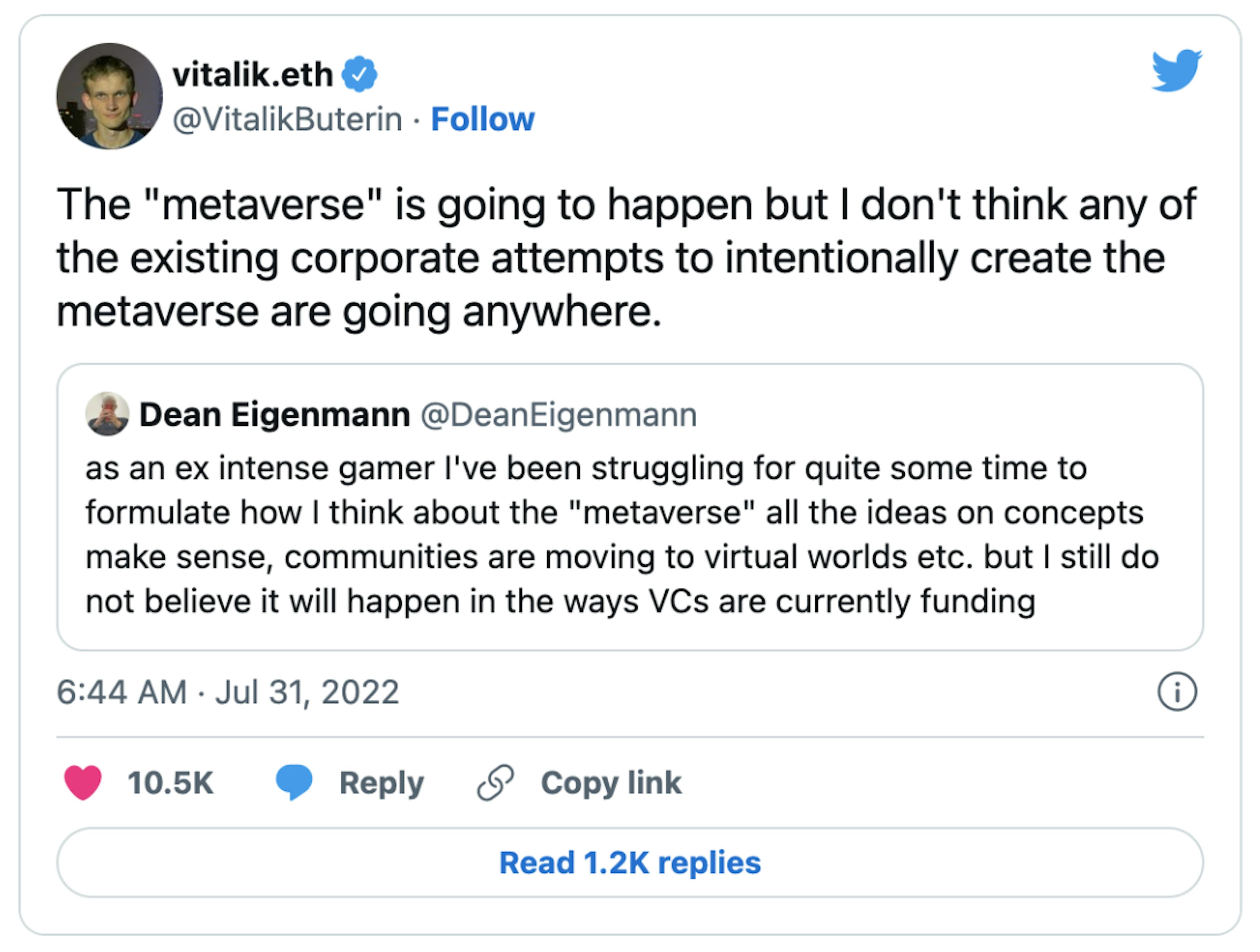 Ethereum Co-founder Vitalik Buterin feels Meta's Metaverse attempts will "Misfire"