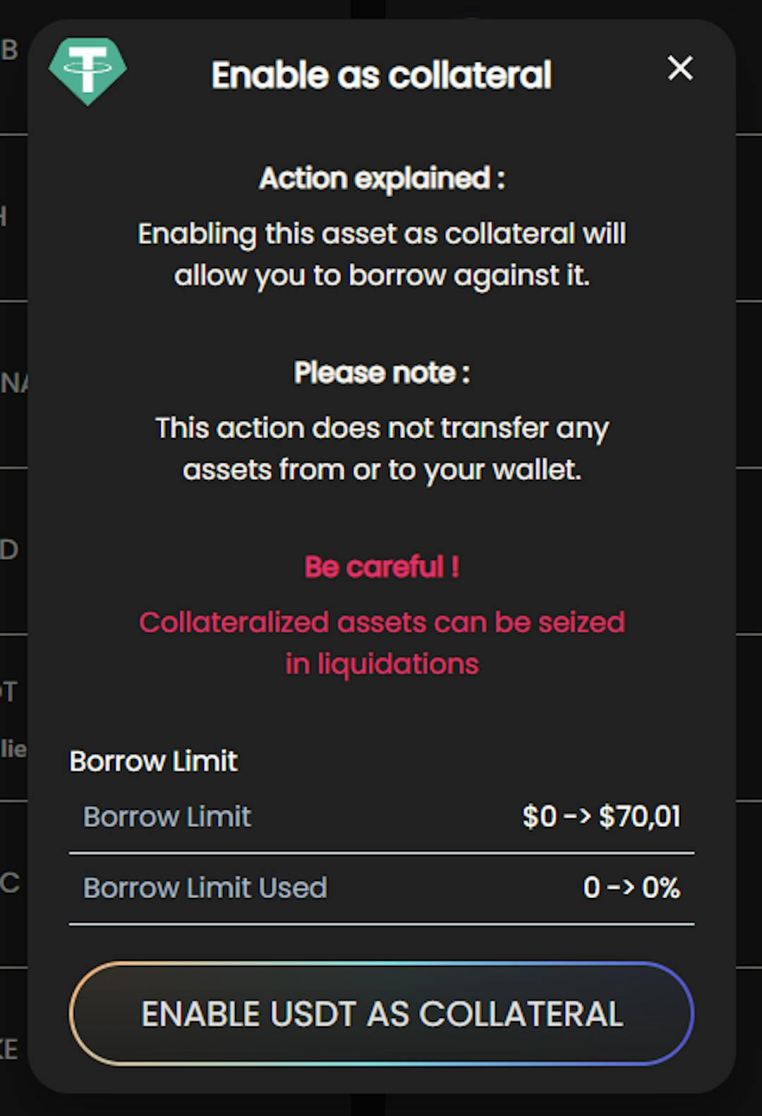 Warning popup for enabling assets as collateral
