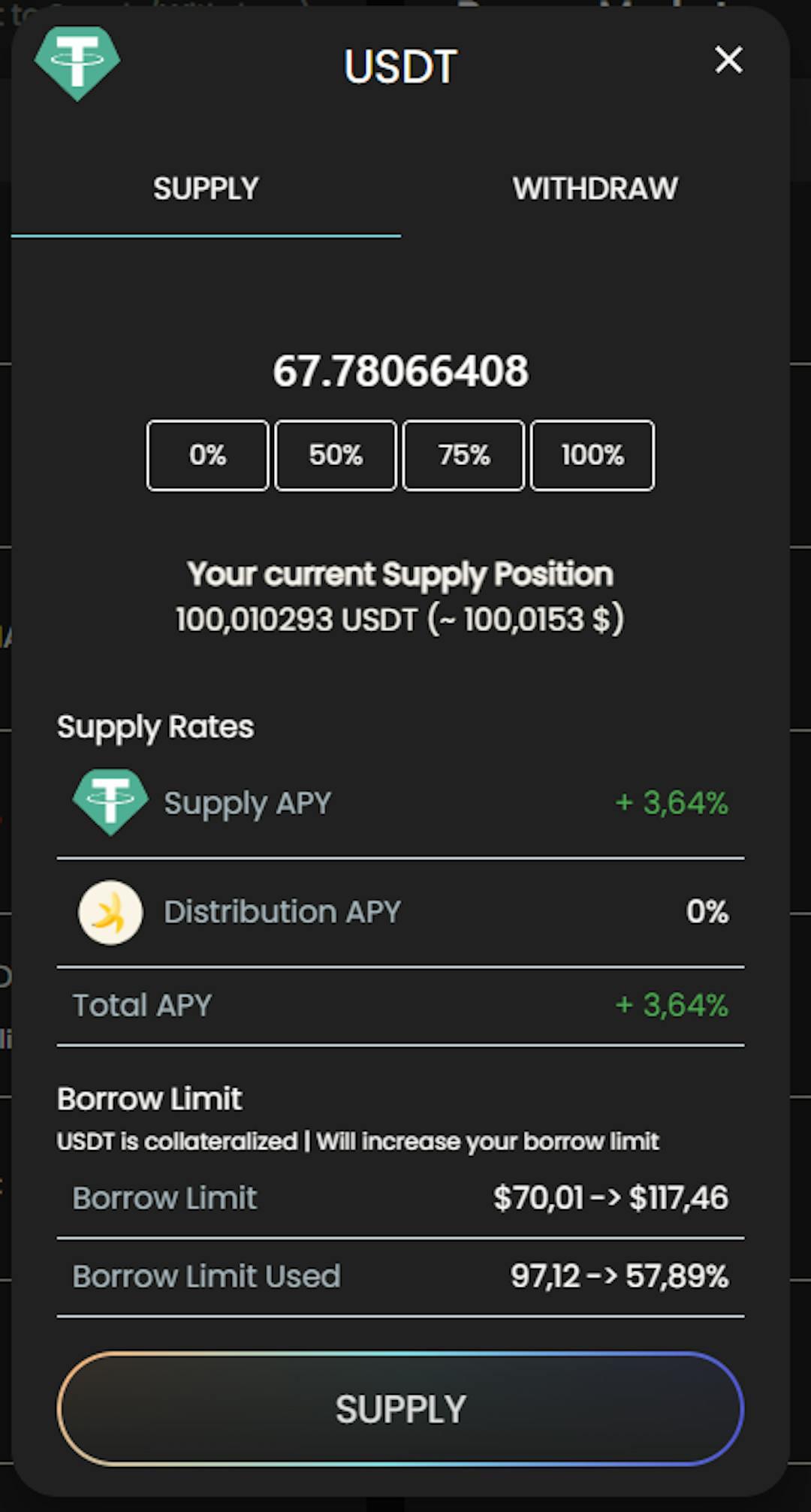 Form to deposit newly bought USDT